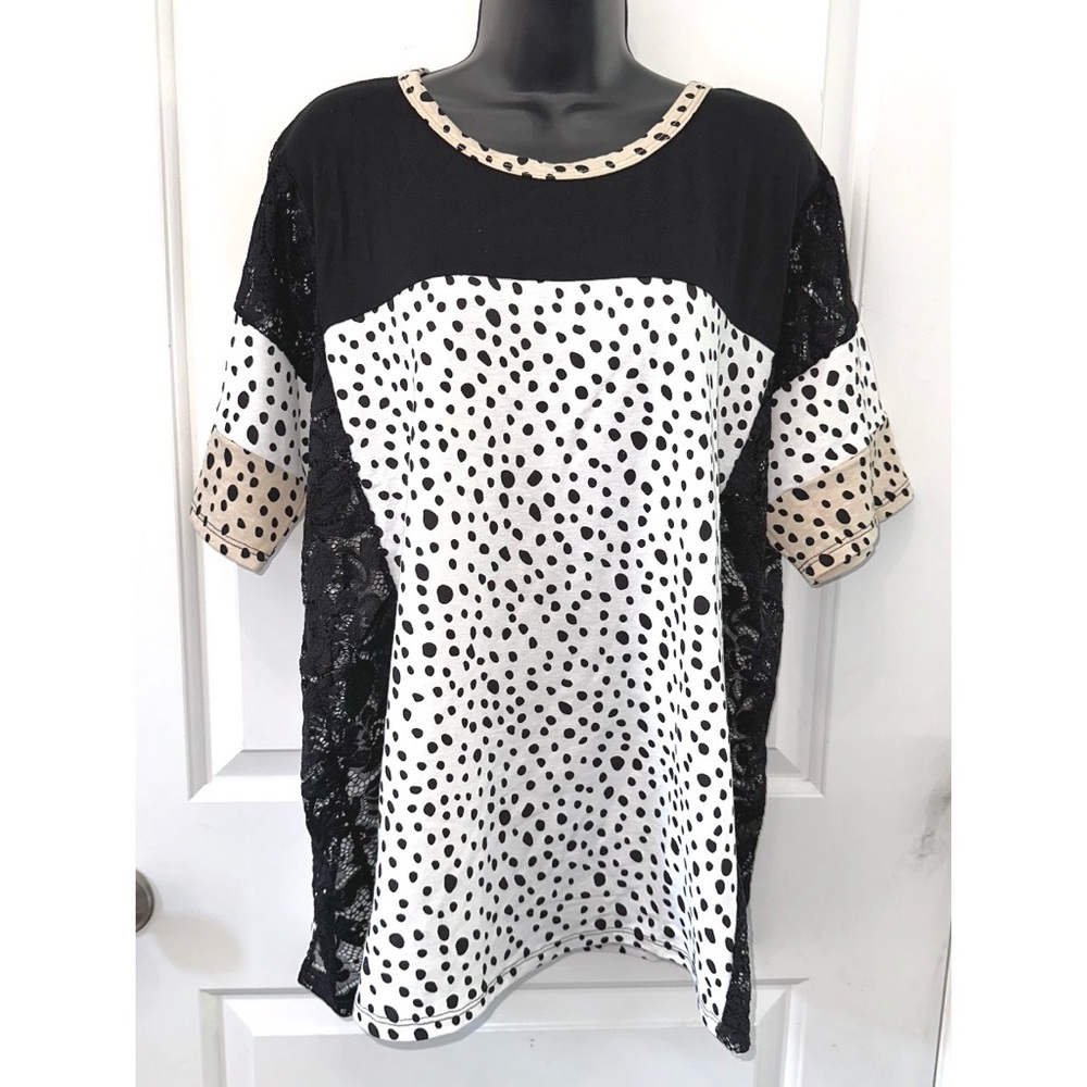 Now n Forever black & white polka dot top with lace detailing